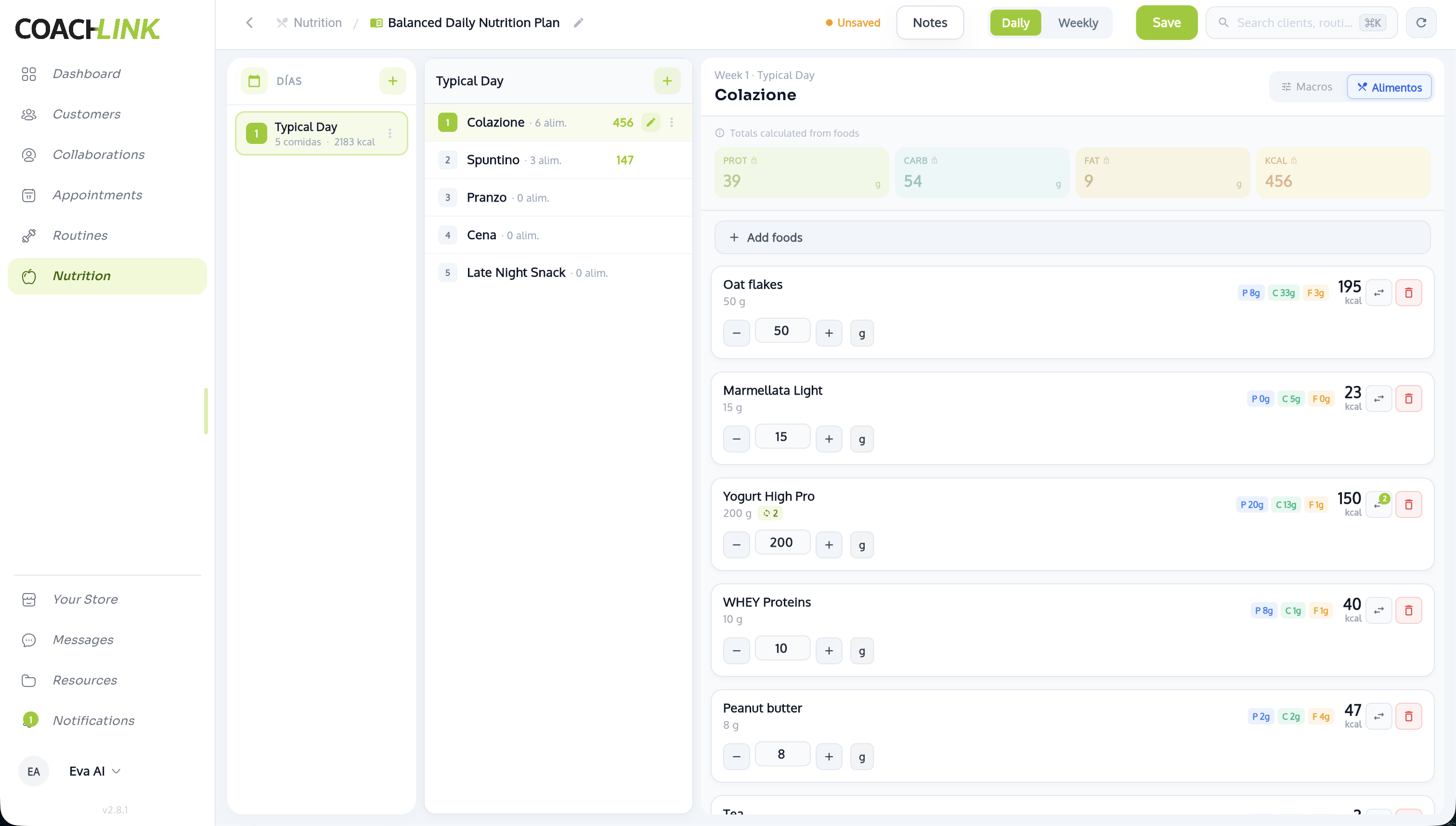 Configuración de servicios y planes de nutrición