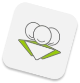 Icon with three overlapping stylized figures and a green arrow pointing downwards on a white background.